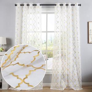 Kotile Gold White Sheer Curtains 84 Inches Long 2 Panels Metallic Gold Moroccan Sparkle Light Filtering Shimmer Window Curtains with Grommets for Living Room, W52 x L84 Inch