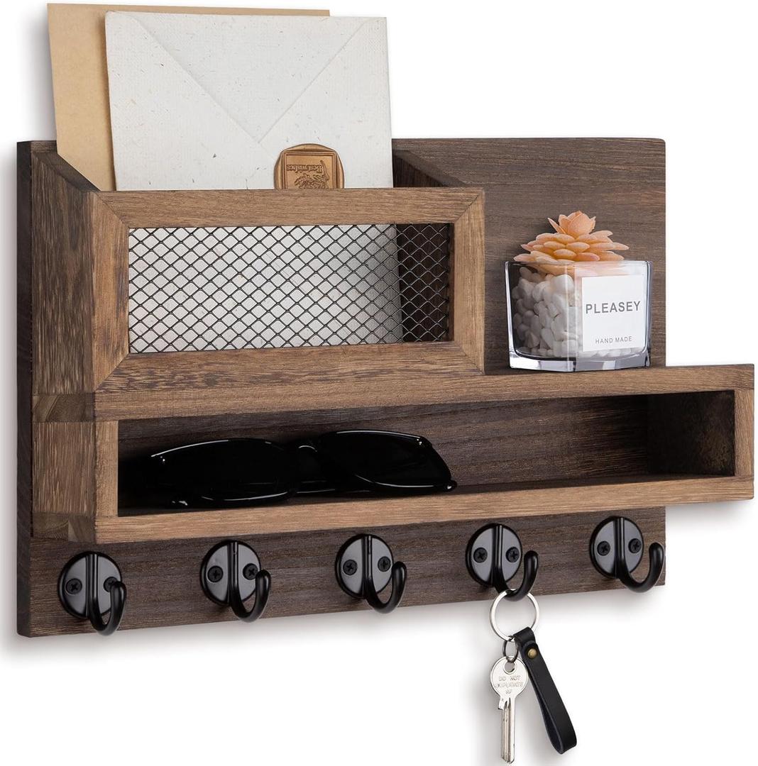 Lucundm Key Holder for Wall, Mail Organizer Wall Mount with Storage Compartment and 5 key Hooks for Coat, Dog Leash, Stylish Mesh Mail Holder, Home Decor Entry Way Organizer (Brown)