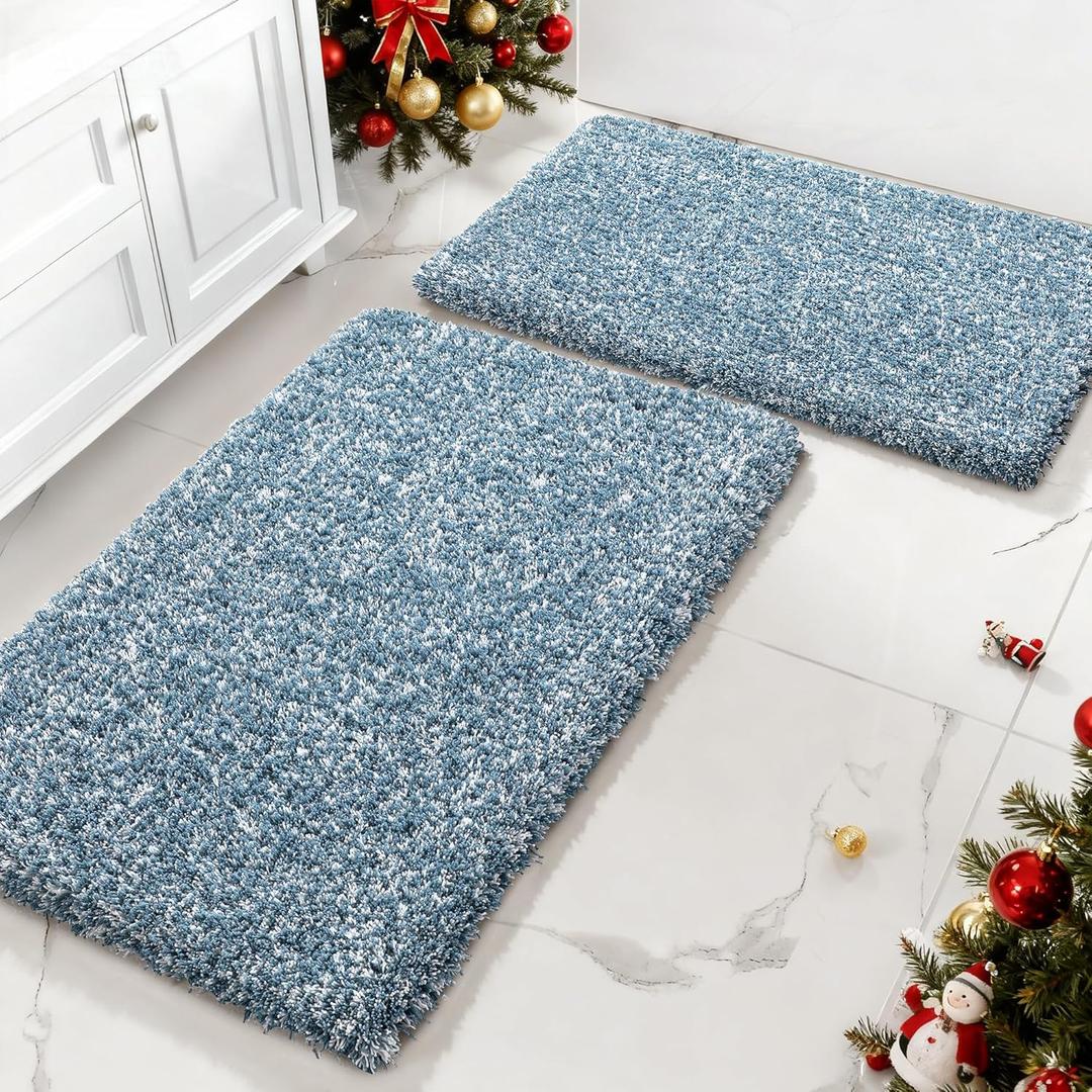 Yimobra Bathroom Rug Set 2 Piece, Soft Absorbent Microfiber Bath Mat Set, Non Slip Machine Washable Dry, Plush Shaggy Shower Rugs for Bathroom Floor, 32"x20"+24"x17", Denim Blue and White