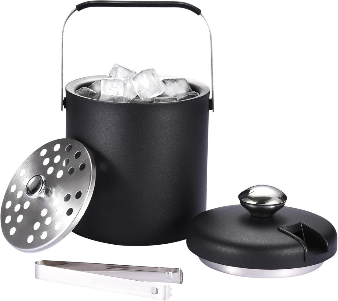 flybold Small Ice Bucket for Parties - Ice Bucket with Lid for Cocktail Bar - Double Walled Ice Container - Portable Chiller Bin Basket - Insulated Buckets for Indoor or Outdoor - Ice Cube Holder (Stainless Steel Black)