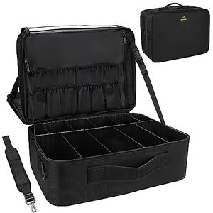 Relavel Extra Large Makeup Case with Plastic Dividers Washable and Easy to Clean, Travel Makeup Train Case Professional Makeup Artist Bag Portable Nail Organizer Box Art Supply Case (Black)