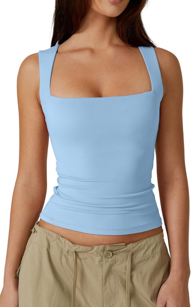 QINSEN Women's Double Layer Tank Tops Square Neck Sleeveless Basic Tight T Shirts (Blue, M)