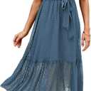 BTFBM Women Summer Bohemian Floral Casual Wrap V Neck Ruffle Cap Sleeveless Belt A-Line Pleated Hem Midi Sun Dress White (Blue, M)