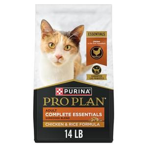 Purina Pro Plan Complete Essentials Shredded Blend Chicken and Rice Formula Adult High Protein Cat Food - 14 lb. Bag.                                Best by Aug 2026