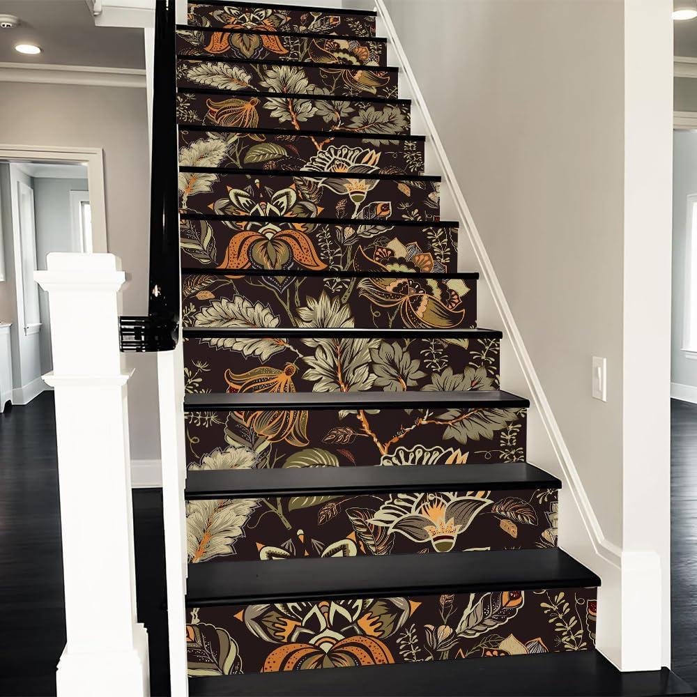 REDAMANCY Vintage Boho Orange Paisley Flowers Brown Peel and Stick Vinyl Stair Riser Decals Staircase Tile Stickers Decor Modern Marble Decoration Self-Adhesive(14 Pcs) (Stad-055)