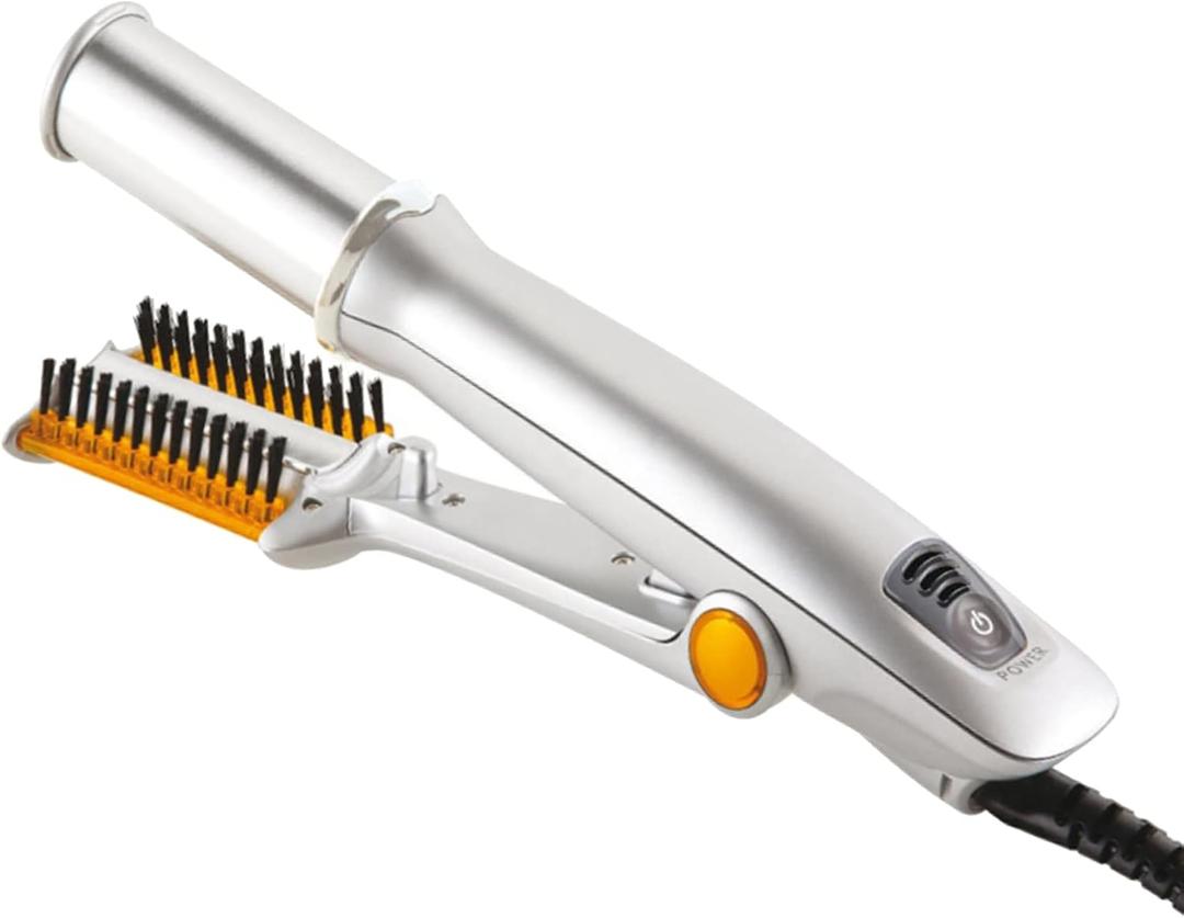 2-in-1 Electric Hair Straightener and Curling Iron with Ceramic Plates, Portable Anti-Scald Design for Wigs, Beards, and Travel (Silver)