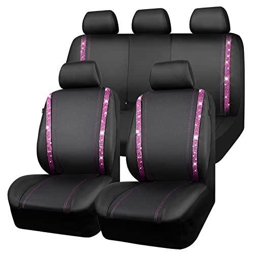CAR PASS Bling Diamond Car Seat Covers Full Set, Shining Rhinestone Waterproof Faux Leather, Rear with Zipper, Universal Fit Automotive Glitter Crystal Sparkle Strips for Women Girl, Black Pink