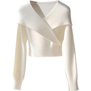 Women's Wrap Long Sleeve Crop Tops Dressy Casual Fold Over V Neck Knit Fall T Shirts (Medium)