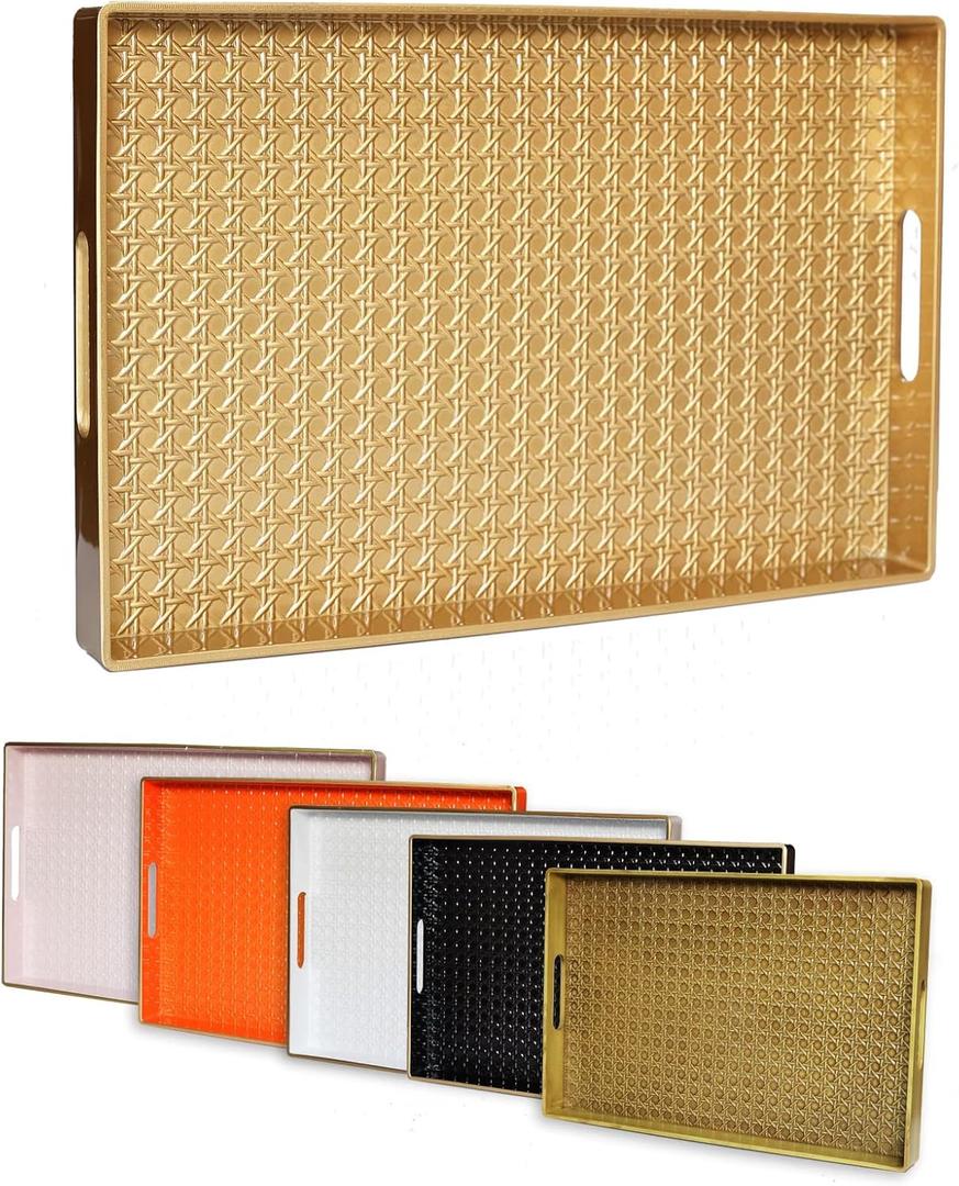 Gold Decorative Coffee Table Tray, Rectangular Plastic Serving Tray with Handles for Living Room, Ottoman, Bathroom, 15.7"*10.2" Gold Decorative Coffee Table Tray, Rectangular Plastic Serving Tray with Handles for Living Room, Ottoman, Bathroom, 15.7"*10.2"