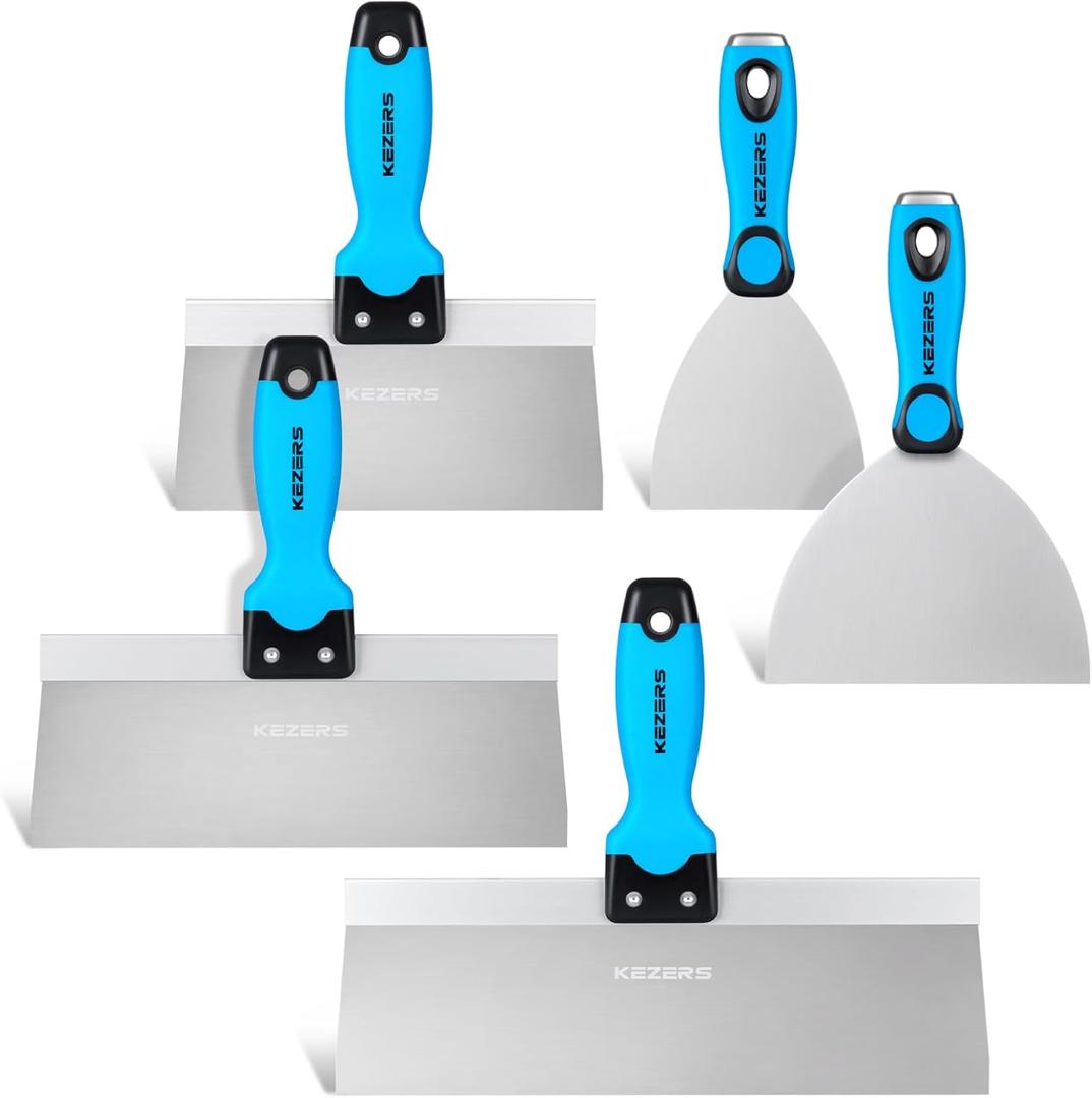 KEZERS Drywall Hand Tool Kit, 5 Pieces 4" 6" 8" 10" 12" Stainless Steel Drywall Knife with Metal Hammer End, includes Putty Knife, Taping Knife with Ergonomic Grip for Drywall Work