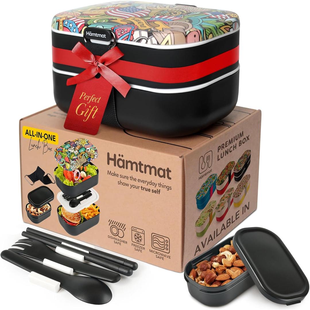 Insulated Stackable Bento Box for Adults with Reusable Chopsticks Japanese Lunch Box Microwavable & Leak Proof Lunch Containers for Men & Women Modern Cute Food Container with Compartments (Black) (American Comic Box)