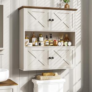 Vabches Bathroom Wall Cabinet, Farmhouse Medicine Cabinet with 4 Barn Doors, Large Wooden Vintage Storage Cabinet Wall Mounted for Bathroom, Kitchen, Rustic White