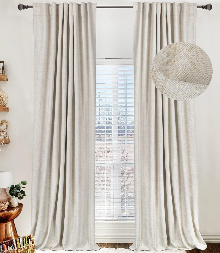 100% Blackout Shield Linen Blackout Curtains for Bedroom 96 Inches Long, Back Tab/Rod Pocket Living Room Drapes, Thermal Insulated Blackout Curtains 2 Panels Set, 50" W x 96" L, Beige