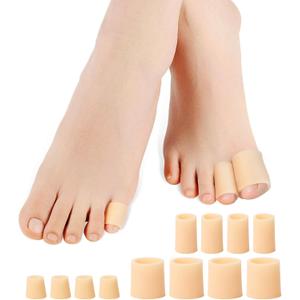 Povihome Toe Sleeves, Toe Protectors, 12 Pack Toe Tube Pads for Hammer Toe,Stubbed Toe,Corns, Calluses Protect (3 Different Sizes, Beige)