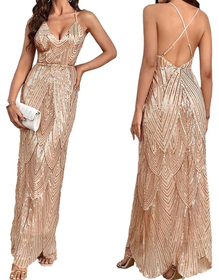 Women's V Neck Spaghetti Straps Sequin Sparkly Glitter Irregular Hem Prom Dress Backless Maxi Evening Gowns, Size S