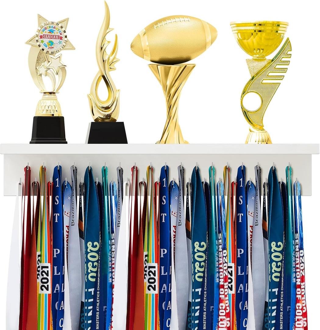 Threehoney Wooden Medal Hanger Display Trophy Holder Shelf with 25/37/49/65/83 Hooks Wall Mount Ribbon Holder Gift for Gymnastics Running Soccer Awards