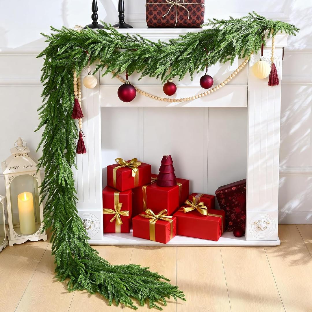 9Ft Artificial Norfolk Pine Garlands, Christma Real Touch Winter Pine Garland, Green Faux Greenery Garland for Table, Mantle, Wall, Indoor, Outdoor Winter Christmas Decorations