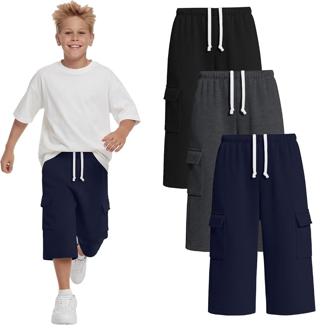3 Pack Boys Cargo Capri Pants 6-16 Years with 4 Pockets Wide Leg Loose Elastic Waist Drawstring Shorts Sweatpants