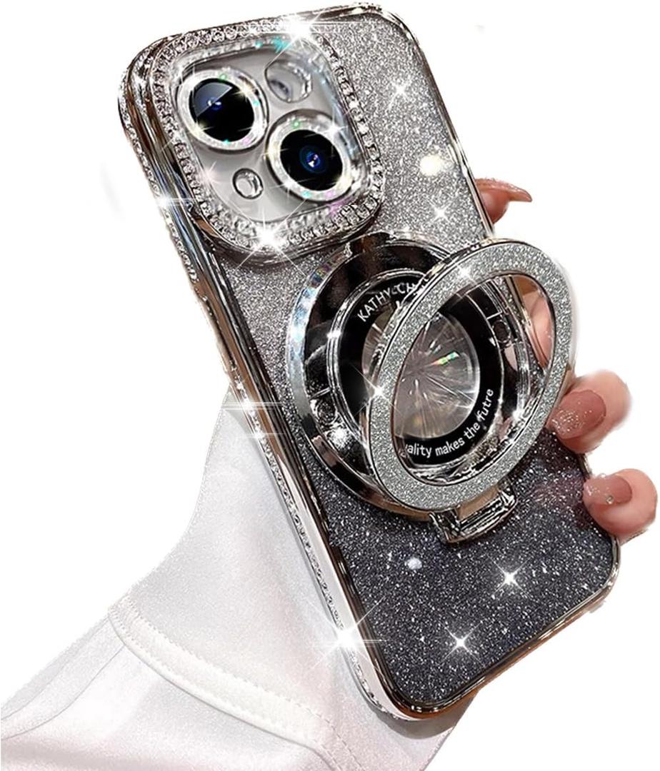 Magnetic Case for iPhone 15 with Holder Stand, [Compatible with Magsafe] Bling Glitter Diamonds Rhinestone Camera Lens Protector for Woman Girly Cute Phone Cover for iPhone 15 6.1" (Silver)