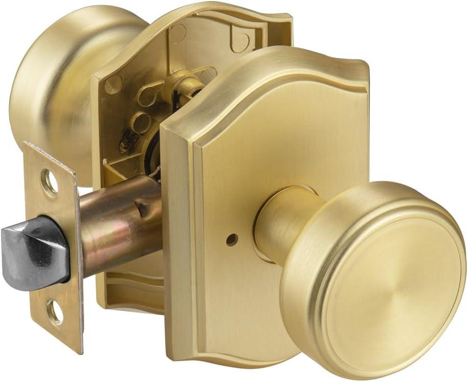 Gold Door Knobs for Bathroom & Bedroom, Interior Pismo Doorknob with Camelot Trim, Satin Brass Heavy Duty Door Knob with Lock (1)