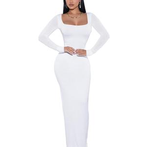 Doweha Women's Square Neck Long Sleeve Maxi Dress Sexy Knit Bodycon Long Dress for Women L