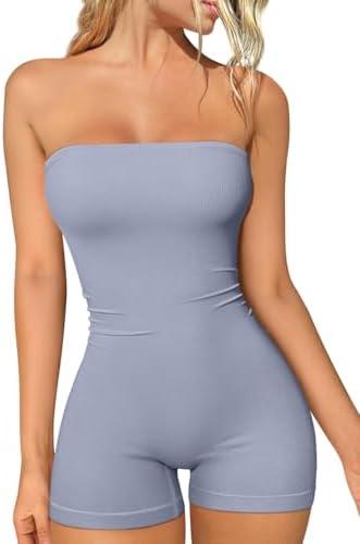 OQQ Womens Tube Rompers Summer Strapless Basic Sleeveless Ruched Stretch Classic-Fit Sexy Rompers 2025, S
