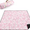 Pink Bow Picnic Blanket 80'' x 80'' Waterproof Extra Large Camping Blanket Coquette Picnic Mat Foldable Portable Preppy Outdoor Beach Mat with Carry Strap for Outdoor Grass Lawn Park