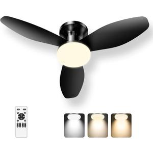 42" Ceiling Fans with Lights and Remote, 6 Speeds Black Low Profile Flush Mount Ceiling Fan with Light, 3 Blade Stepless Dimmable LED Modern Bedroom Ceiling Fan for Indoor Living Room Kitchen Patio