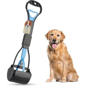 PPOGOO Non-Breakable Pooper Scooper for Large Medium Small Dogs with 24.3inch Long Handle High Strength Material Durable Spring, Easy Grass and Gravel Pick Up (blue)