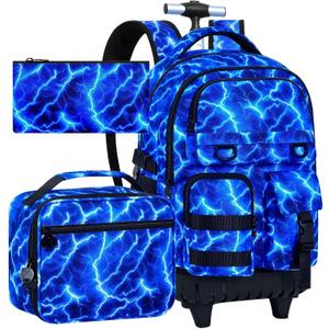 Rolling Backpack with Wheels for Boys and Kids, Blue Wheeled Bookbag 3PCS, One Size