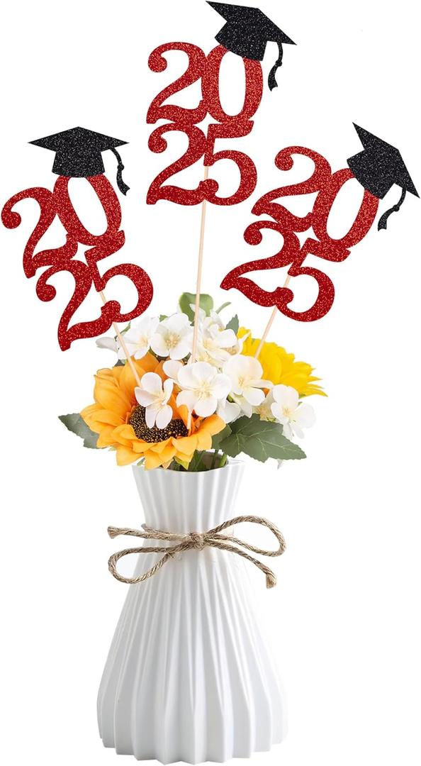 2 x Class of 2025 Graduation Decoration Centerpieces for Table, 2025 Party Centerpieces Grad Cap Sticks Party Supplies, Graduation Party Decoration Toppeers (10 PCS, Red & Black)