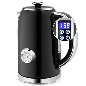 SUSTEAS Electric Kettle Temperature Control - 57oz Hot Water Boiler with Thermometer, 1500W Fast Heating Stainless Steel Tea Kettles, Cordless LED Indicator, Auto Shut-Off & Boil Dry Protection, Black