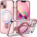Magnetic for iPhone 13 Case with Invisible Stand[Compatible with MagSafe][Full Camera Lens Protector][Military Drop Protection] Shockproof Not Yellowing Clear Soft Slim for Women Men, Pink