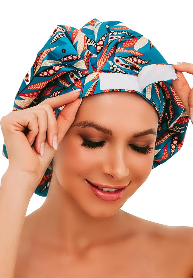 HIUMI Shower Cap for Women Long Hair Reusable Oversized Washable Waterproof Bathing Hair Cap Adjustable Elastic Band for All Hair Lengths