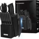 Knife Set with Sharpener  15 pcs High Carbon Stainless Steel Knives Block Set, Stainless Steel Knife Set, Built-in Sharpener Kitchen Knife set, With Anti slip and Ergonomic Handles (Black)