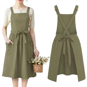 100% Cotton Aprons with Pockets Pinafore Dress for Women Vintage Cute Aprons for Kitchen Baking Gardening Painting (Khaki Green)