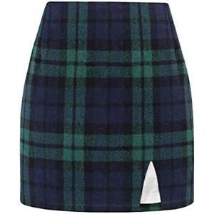 Plaid Mini Skirts for Womens High Waisted Fall Winter Wool Bodycon Pencil Skirts with Slit, XS