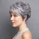 Creamily Short Grey Pixie Cut Wigs with White Bangs Gray Pixie Layered Synthetic Hair Replacement Wig for Women Daily Wear Cosplay Halloween Costume Wigs