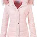 Chrisuno Women's Warm Winter Coat Velvet Puffer Jacket Quilted Faux Fur Hood (XS, Pink)