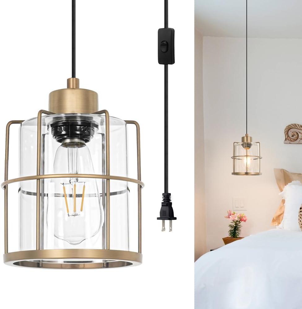 Modern Industrial Plug-in Hanging Pendant Light, Clear Glass Shade Hanging Lamp with Plug in Cord, Gold Cage Plug in Hanging Lights Fixtures for Kitchen Island, Living Dining Room, Bar, Hallway
