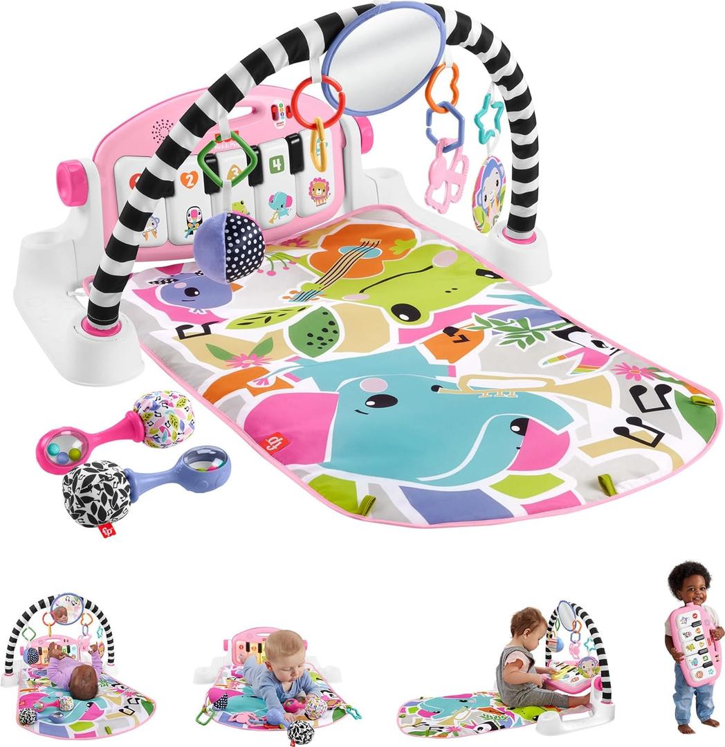 Fisher-Price Baby Gift Set Glow and Grow Kick & Play Piano Gym Pink Playmat & Musical Learning Toy with 2 Rattle Maracas for Newborns Ages 0+ Months