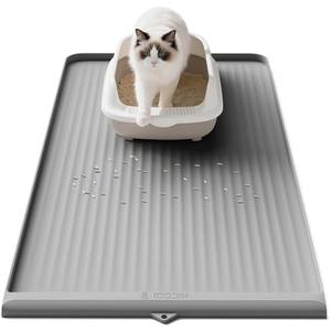 Cat Litter Mat 36x24 Inch, Silicone Litter Box Mat with Raised Edge and Diversion Groove, Waterproof Litter Trapping Mat, Easy to Clean Cat Mat for Litter Box, Grey