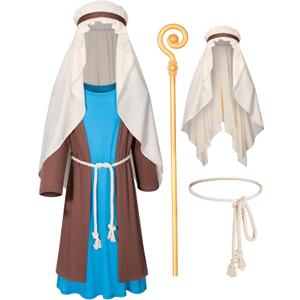 Kids Nativity Saint Joseph Robe Shepherd Costume Boys Halloween Cosplay Outfit Accessories Set (10-11 Years, Blue)