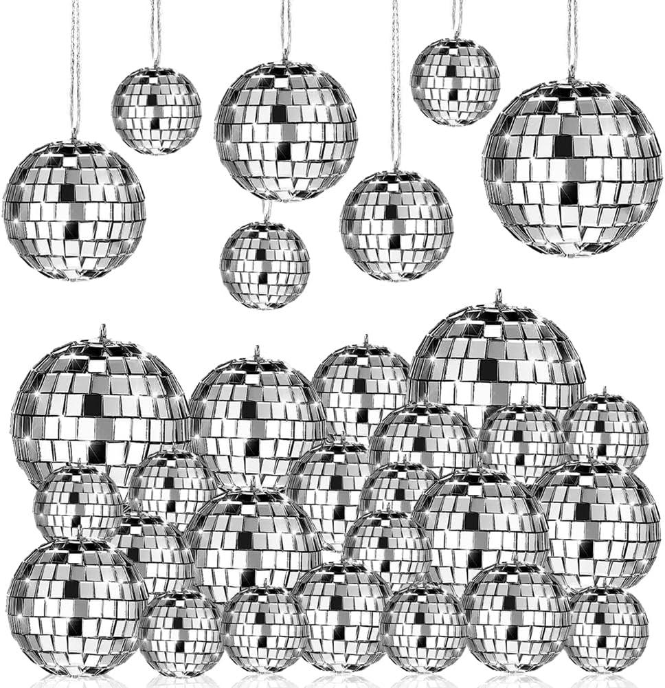 28 Pack Disco Ball, Disco Ball Party Decorations Silver Hanging Reflective Mirror Balls Ornaments 70s Disco Party Supplies Birthday Holiday Wedding Christmas Tree Decor