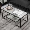 42" Rectangular Glass Coffee Table for Living Room, 2-Tier Center Tea Table with Metal Frame for Small Space, Apartment, Office (Black), 42.5"*19.5"*16.5"