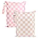 Tiny Twinkle Mess Proof Waterproof Wet Dry Bag | 2-Pack Reusable Wet Bags for Swimsuits & Baby Clothes | Leakproof Wet Bag for Travel & Diaper Changes for Baby (Pink, Brown Checkers)