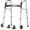 Folding Walkers for Seniors with 2 Skis and 5" Wheels, Lightweight Adult Rolling Walker, Supports Up to 350 Pounds, Adjustable Height, Aluminum Standard Walker, Silver