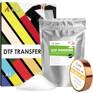 A-SUB DTF Transfer Film and Powder Kit - 30 Sheets A4 DTF Film for Sublimation and DTF Printer, 1.1lb/500g White Medium DTF Powder, DTF Starter Kit for Printing on Any Fabrics
