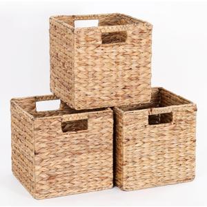 11x11x11in Water Hyacinth Storage Baskets, 11 Inch Cube Storage Bins, Woven Baskets for Storage, Wicker Storage Basket for Shelves Set of 3