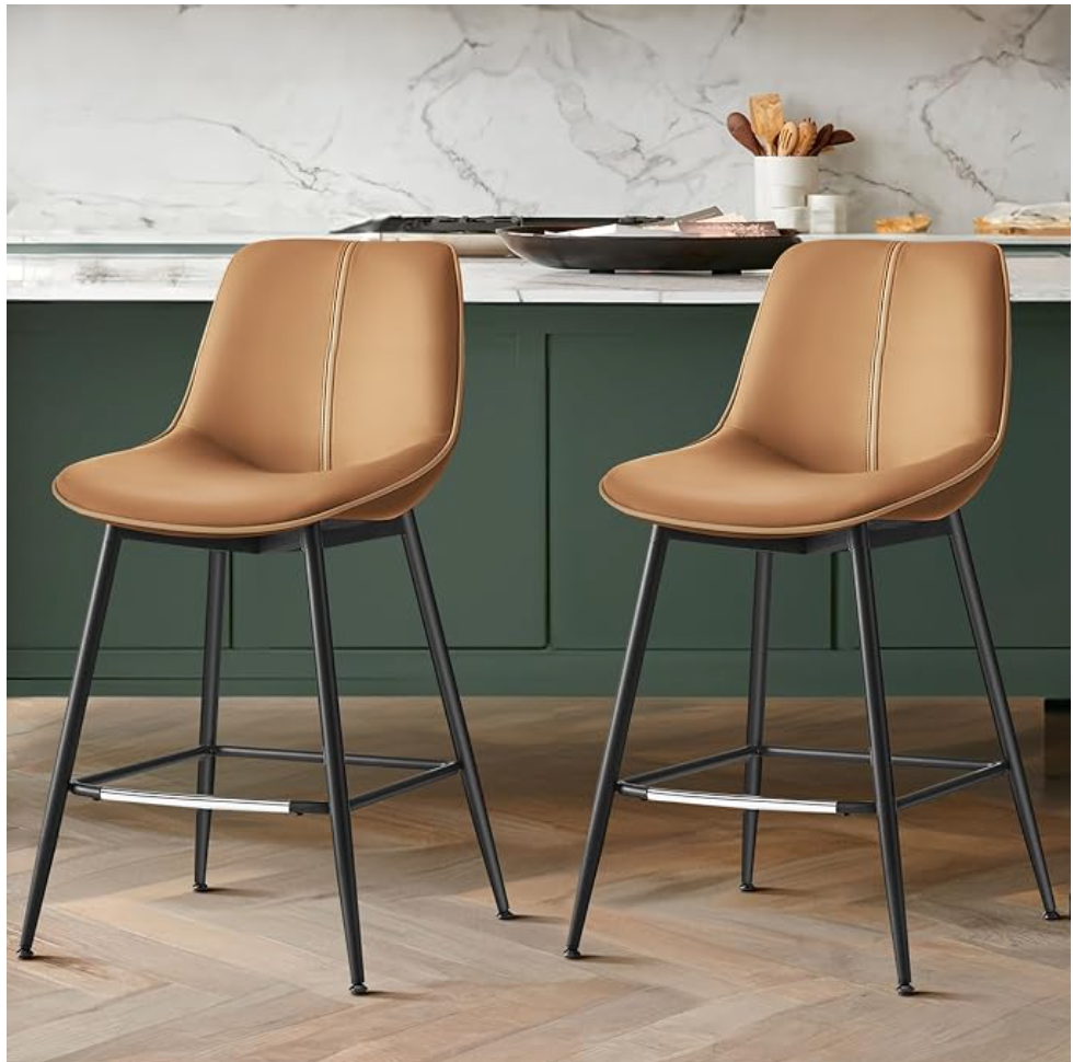 VASAGLE Bar Stools Set of 2, Counter Height, with Back, 24.8-Inch PU Leather, Ergonomic Backrest, Metal Legs, for Kitchen Island, Easy Assembly, Caramel Brown, LYNA Collection
